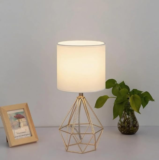 COTULIN Gold Small Table Lamp Set of 2, Modern Bedside Nightstand Lamps with Geometric Metal Base White Fabric Shade, Cute Desk Lamp for Living Room Bedroom