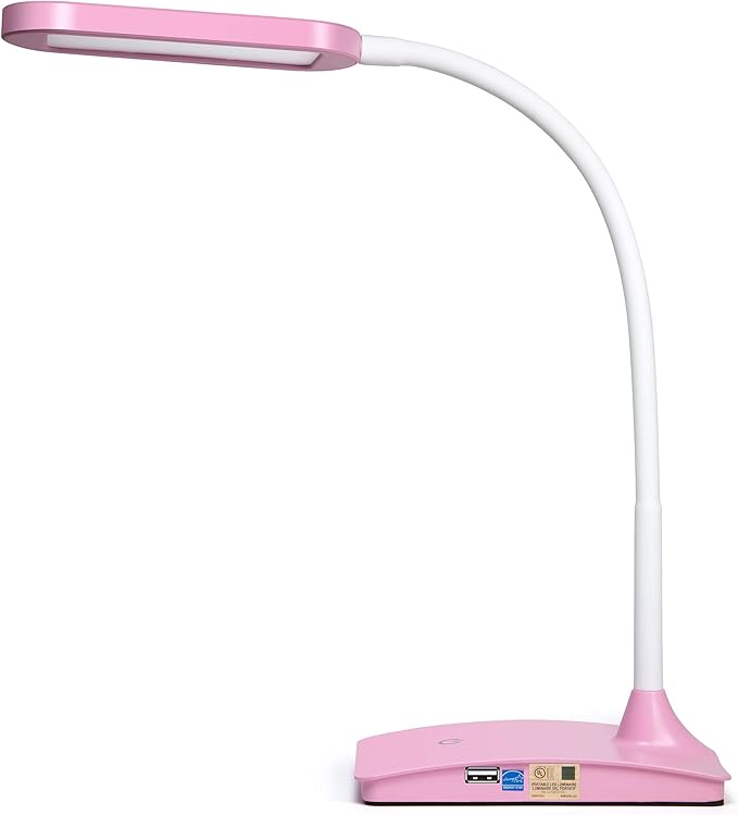 Pink Desk Lamps for Home Office - Super Bright Small Desk Lamp with USB Charging Port, a Perfect LED Desk Light as Study Lamp, Bedside Reading Lights