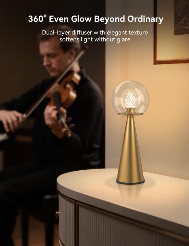 Tubicen Gold Cordless Table Lamp Dual-Globe Glass Shade 8000mAh Battery Operated Rechargeable Table Lamp Portable 3 Color Stepless Touch Dimmable Desk lamp for Bedroom Bedside Restaurant Bars Coffee