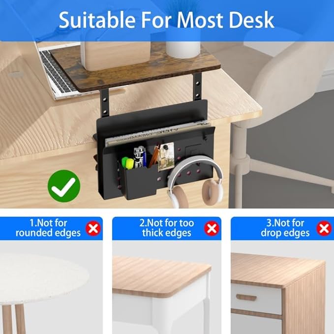 Desk Extender, Clamp On Desk Shelf Organizer, with Side Storage Steel Frame & 15 inch Wood Desktop Supplies Rack Clamp Mount Table Hanging Storage for Home Office Fits Flat Edge Tables 0.3" to 2.3"