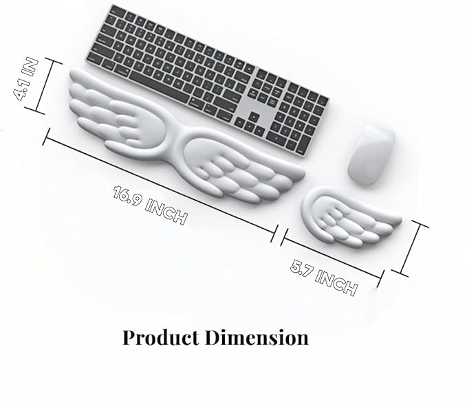 Angel Wing Wrist Rest Ergonomic Memory Foam Wrist Rest for Computer Keyboard Mouse Set, Cute Gaming Keyboard Cushion Hand Support PU Leather Surface Anti-Slip Waterproof White Angel Wing