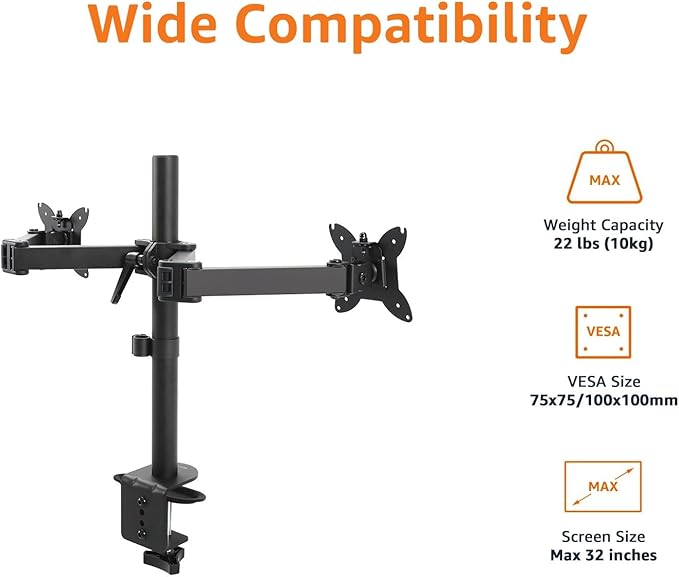 Amazon Basics Adjustable Dual Monitor Desk Mount, Holds up to 32" Monitors, Black