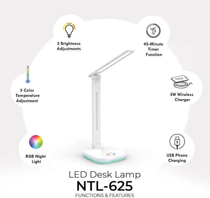 NTL-625QI - LED Desk Lamp with Wireless Phone Charger, RGB Night Light, Adjustable Color Temperature, and USB Phone Charging Port for Home and Office - White
