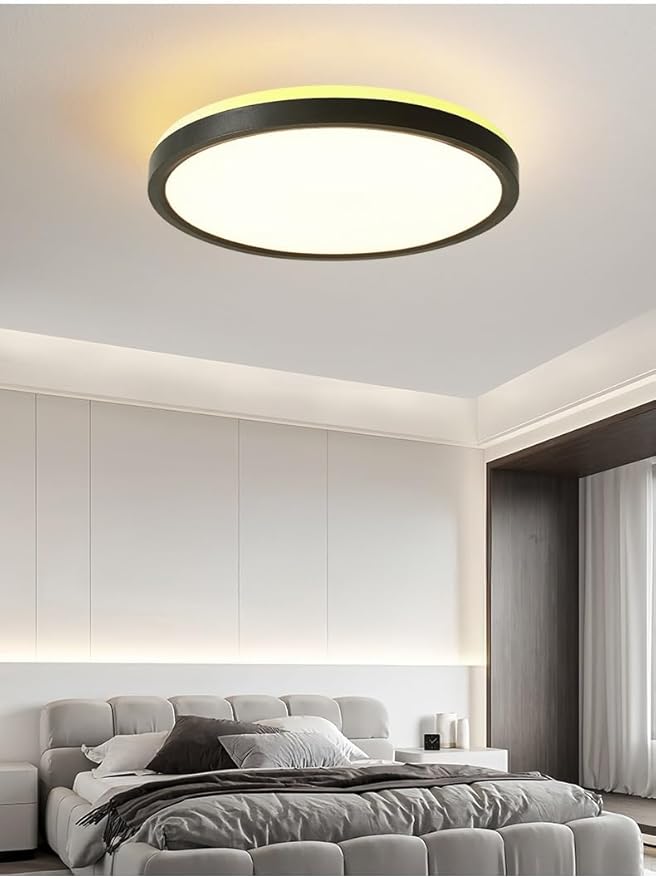 Ultra-Thin LED Ceiling Light for Bedroom, Wood Grain Finish, Flush Mount, Asian-Inspired Design, Flicker-Free & Dimmable, Eye Care Lighting(Black,15.74 * 15.74 * 1.77inch)