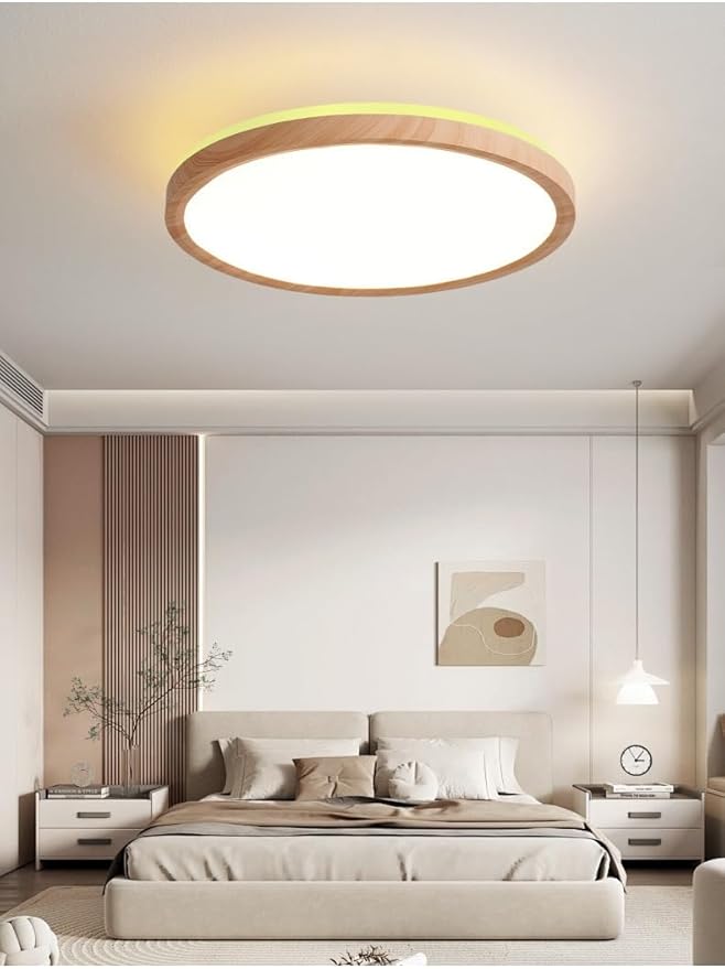 Ultra-Thin LED Ceiling Light for Bedroom, Wood Grain Finish, Flush Mount, Asian-Inspired Design, Flicker-Free & Dimmable, Eye Care Lighting(Walnut Color,11.81 * 11.81 * 1.77inch)