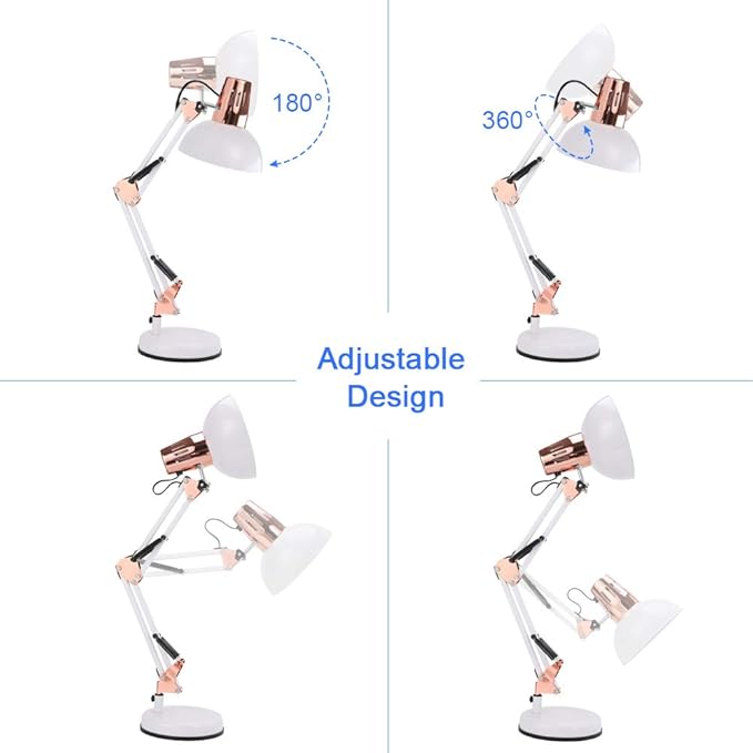 PowerKing Metal Swing Arm Desk Lamps, Adjustable and Flexible,Feading with Base and Clip 2-in-1 Function, Fit E26&E27 Bulbs Base, Application in Bedroom Living Room, Office Home (White+Rose Gold)