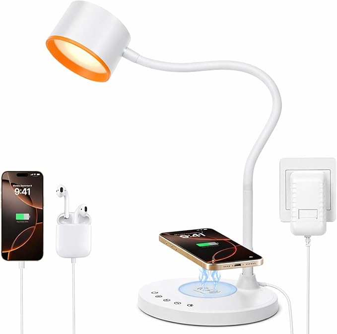 KAiSnova Desk Lamp for Office Home, Gooseneck Desk Lamp with Wireless Charger, Touch Table Lamp with USB C+A Charging Ports, 5 Colors Dimmable Bedside Reading Lamp for College Dorm Room White