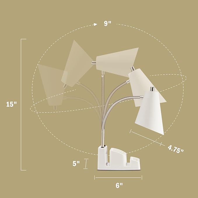 LED Desk Lamp with 1 USB Charging Port and 1 AC Outlet, Organizer Base, Adjustable Neck, On/Off Switch, Modern Table Lamp for Reading, Working, Studying, Gentle Warm White Light, Eye Protect