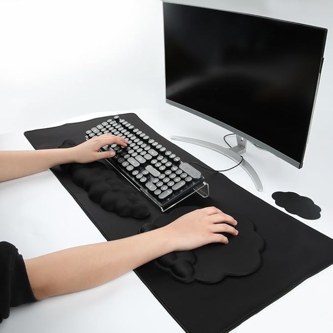 Premium Quality Cloud Wrist Rest Keyboard & Mouse Pad Set – Ergonomic Memory Foam Desk Accessories with Wrist Support for Office & Gaming – Black Fabric