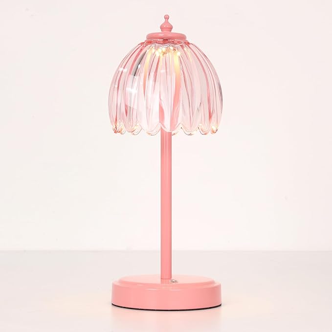 Rechargeable Table Lamp with 5200mAh Battery & Touch Control - 3 Adjustable Color Temperatures, Cordless Dimmable Table Light for Bedroom, Office Desk, Nightstand (Clear Pink,Pink Base)