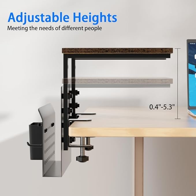 Desk Extender, Clamp On Desk Shelf Organizer, with Side Storage Steel Frame & 15 inch Wood Desktop Supplies Rack Clamp Mount Table Hanging Storage for Home Office Fits Flat Edge Tables 0.3" to 2.3"