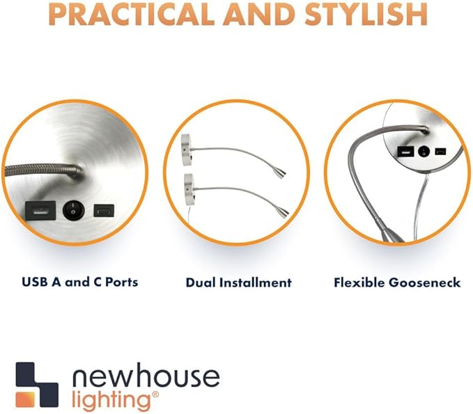 Newhouse Lighting 4.5 in. W x 15 in. H Selene Gooseneck Reading Light in Brushed Steel with USB-A and USB-C Charging Ports NHRL-SE-SLV, Bedside Lamp for Nightstands, Space-Saving Office Desk Accessory