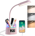 WILIT LED Desk Lamp for College Dorm Room Essentials, Students Study Lamp with USB Charging Port, Pen Holder, Clock & RGB Night Light, Office Desk Light Accessories, Table Lamp for Bedroom - Pink