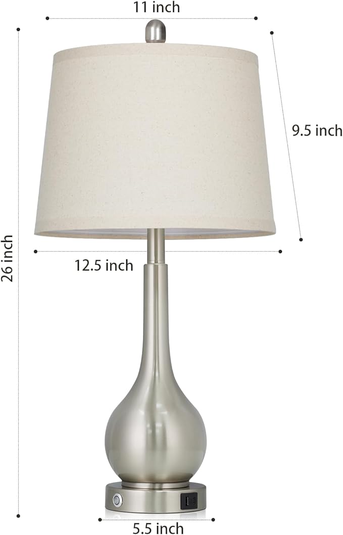 26" Silver Table Lamps Set of 2 for Living Room, Touch Control Bedside Lamp with USB Charging Ports, 3-Way Dimmable Brushed Nickel Bedroom Lamps for Nightstand (2 LED Bulbs Included)