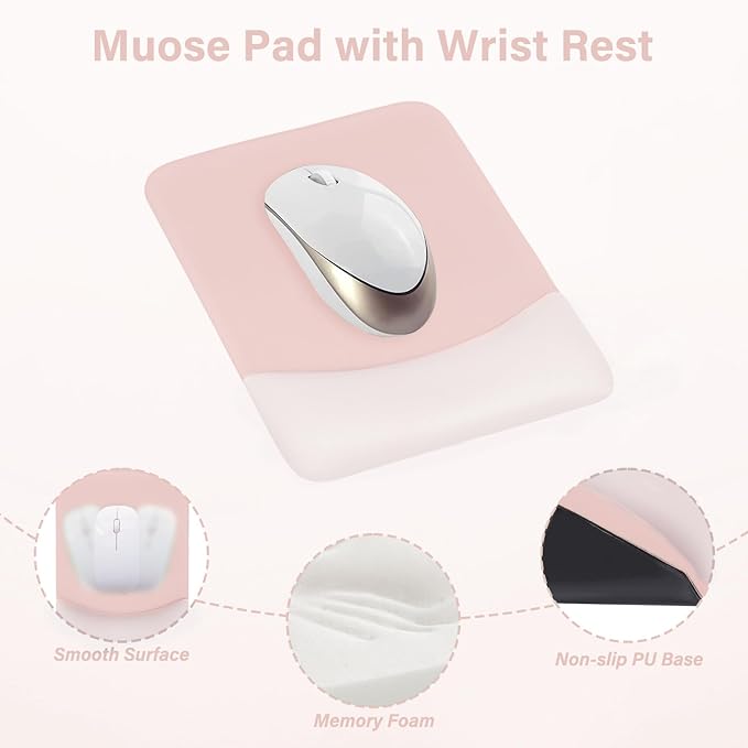 MOSISO Wrist Rest Support for Mouse Pad&Keyboard Set, Rectangular Ergonomic Mousepad Non-Slip Base Home/Office Easy Typing Pad with Neoprene Cloth&Raised Silicone Lining, Baby Pink