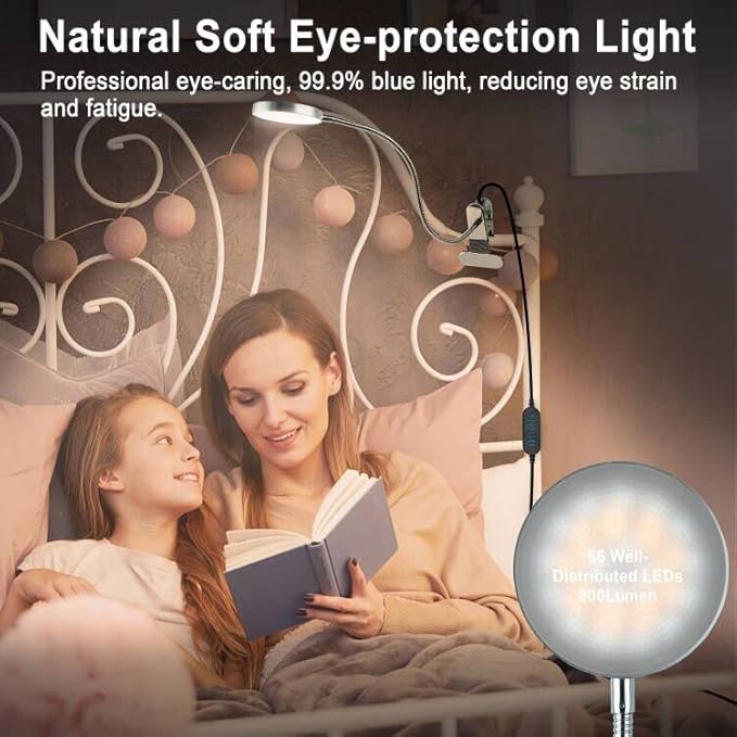 Clip-on Lamp Reading Light - 5 Color Modes, 10 Brightness Levels, 8W, 66 LED, Eye-Caring Metal Clamp Light with Gooseneck for Bed, Headboard, Desk, Video Conferencing, Makeup