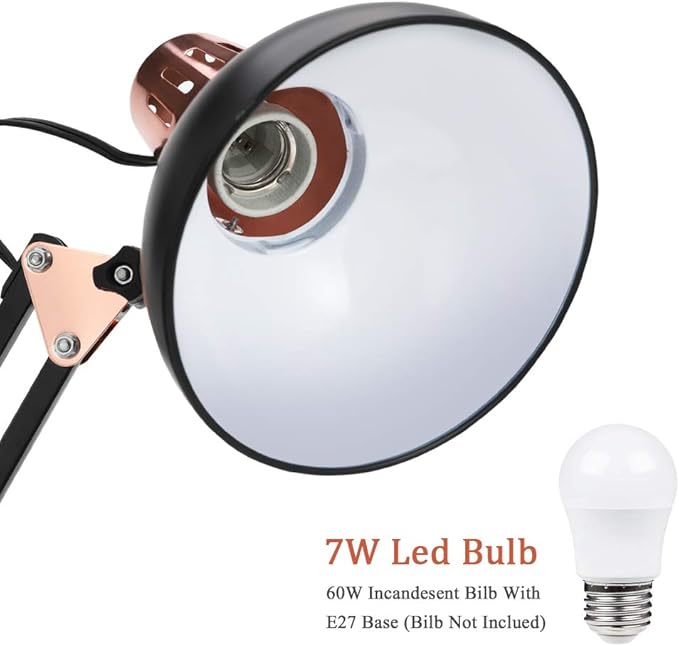 PowerKing Metal Swing Arm Desk Lamps, Adjustable and Flexible, Feading with Base and Clip 2-in-1 Function, Fit E26&E27 Bulbs Base, Application in Bedroom Living Room, Office Home (Black+Rose Gold)