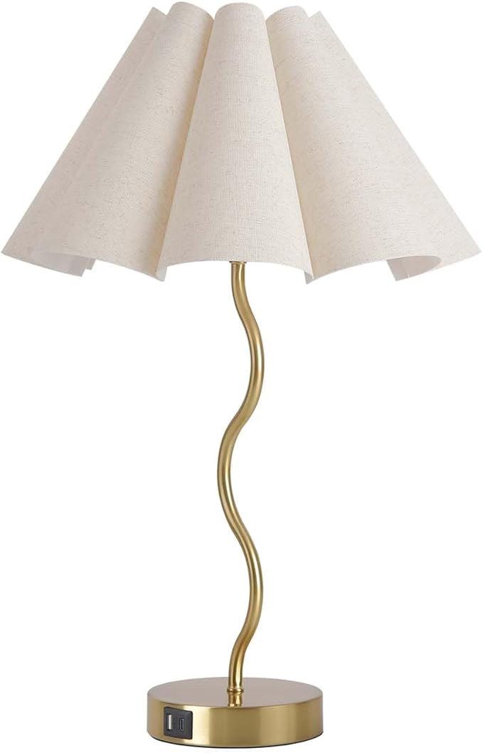 Touch Control Table Lamp with USB Ports, 27” Tall Gold Bedside Lamp with 3-Way Dimmable E26 Bulb, Fabric Shade & Curved Metal Stem, Modern Nightstand Lamp for Bedroom, Living Room, Office
