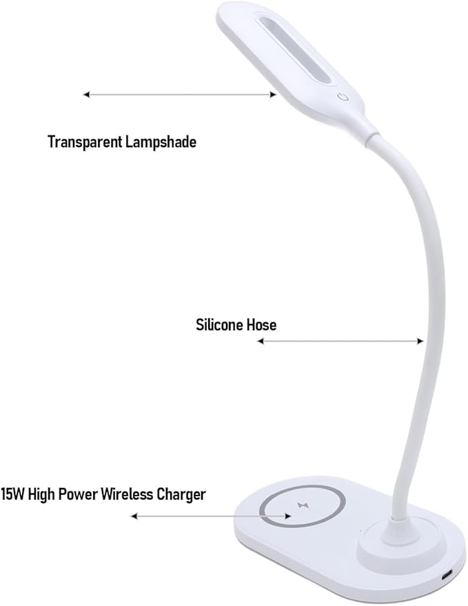 Dpofirs LED Desk Lamp, Wireless Charger 15W for Phone & 5W for Earphone, 360 Adjustable Arm Eye Caring Light for Home Office Study Desk (White)