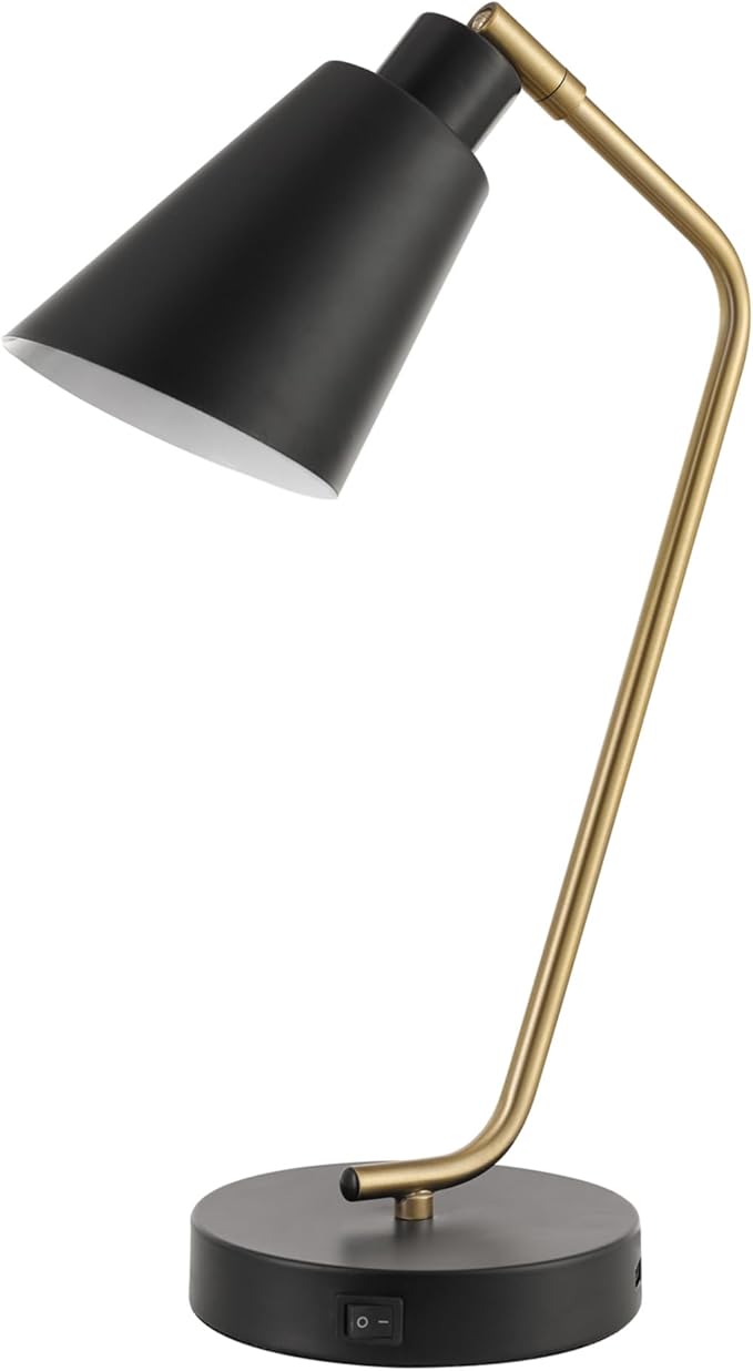 Globe Electric 52095 Belmont 17" Desk Lamp, Matte Black, Antique Brass Accents, Fast Charging USB Port, Rocker On/Off Switch