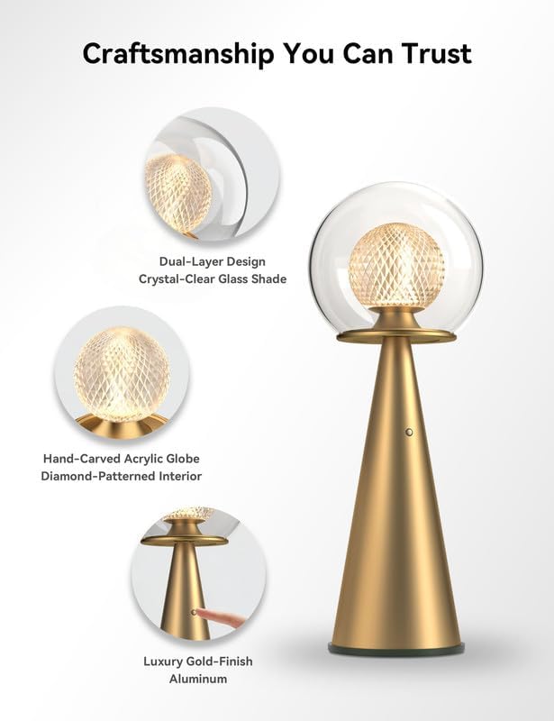 Tubicen Gold Cordless Table Lamp Dual-Globe Glass Shade 8000mAh Battery Operated Rechargeable Table Lamp Portable 3 Color Stepless Touch Dimmable Desk lamp for Bedroom Bedside Restaurant Bars Coffee