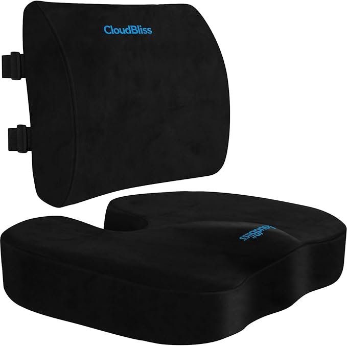 CloudBliss Seat Cushion, Office Chair Cushion, Car Seat Cushion, Lumbar Support Pillow for Office Chair, Back Support Memory Foam Pillow Coccyx Cushion for Tailbone & Coccyx Support, Black, X-Large