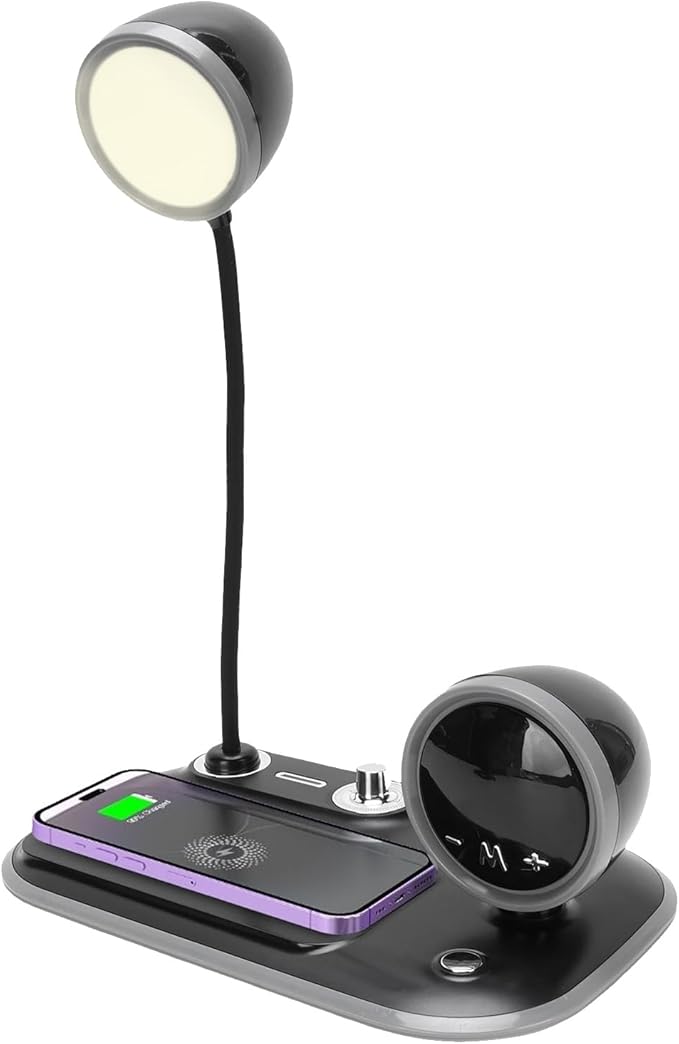 Dpofirs Black LED Desk Lamp with Wireless Charger | Dimmable White, Light, Eye Caring for Reading, 15W Fast Charging for iOS &, 360° Metal Gooseneck, Compact