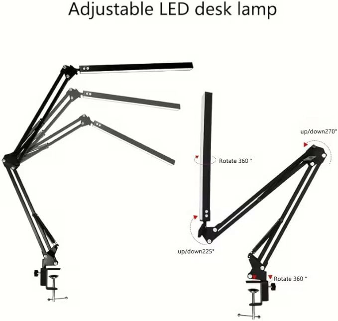LED Desk Lamp, Adjustable Swing Arm Lamp with Clamp, Eye-Caring Reading Desk Light, 10 Brightness Levels, 3 Lighting Modes, Memory Function Desk Lamps for Home Office with Adapter (Black)