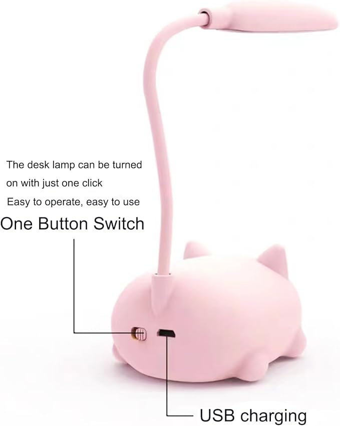 LED Desk Lamp for Kids, Cute Cat Lamp USB Rechargeable Reading Light,Portable LED Table Light, Flexible Gooseneck Eye-Care Cartoons Small Desk Lamp Girls Gifts(Pink)