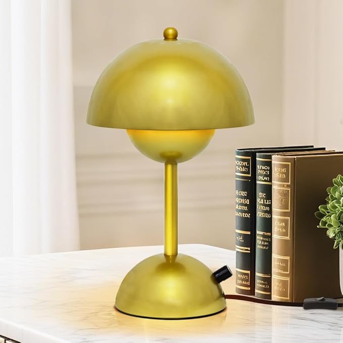 Mushroom Table Lamp with Golden Finish,Dimmable Desk Light with Rotary Knob for Bedroom Study Office Decor,30CM Adjustable Warm White Lighting,4W LED Minimalist Accent Lamp,E26 Bulb Included(G45)