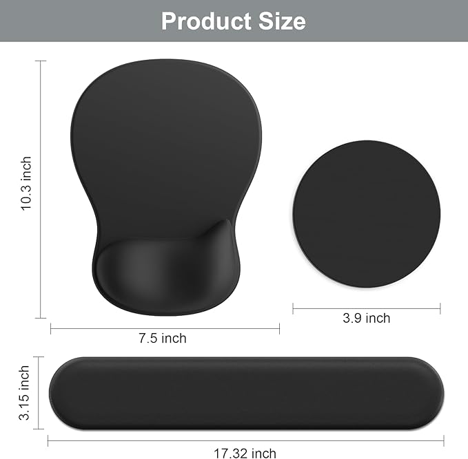 Ergonomic Mouse Pad with Wrist Rest and Keyboard Wrist Rest, Black Mousepad and Wrist Rest for Computer Keyboard, Non-Slip PU Base, Gel Mouse Pad with Wrist Support for Gaming, Office