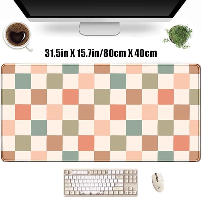 Boho Checkered Desk Mat, Retro Beige Plaid Mouse Pad Xl-31.5x15.7in-Pastel Desk Mousepad-Extended Aesthetic Keyboard Mouse Pad-for Kid Girl with Stitched Edges Non-Slip Office Decor