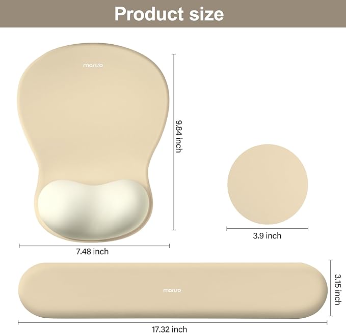MOSISO Wrist Rest Support for Mouse Pad&Keyboard Set, Curved Ergonomic Mousepad&Coaster Non-Slip Base Home/Office Pain Relief&Easy Typing Cushion with Soft Cloth&Silicone Lining, Khaki