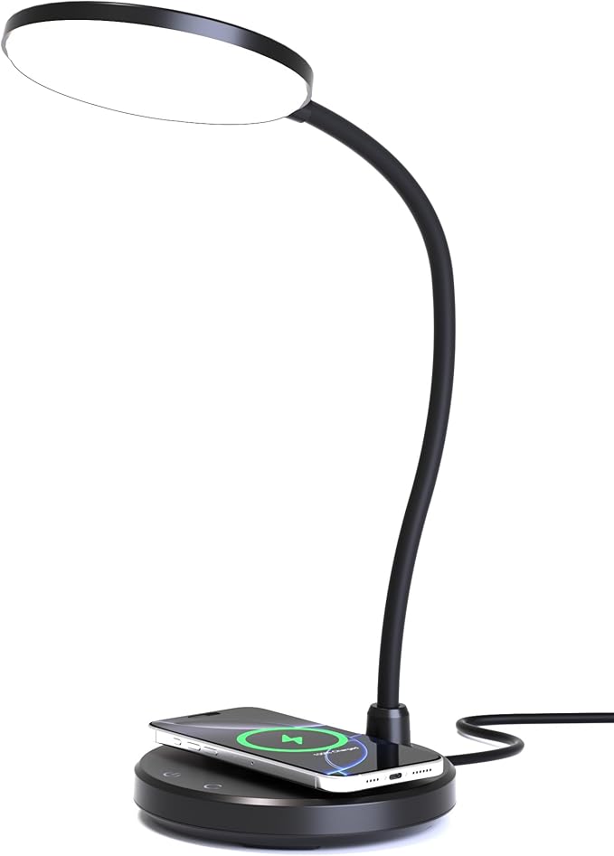 Sailstar Desk Lamp for Home Office, Small Desk Lamp with Wireless Charger, Dimmable 3 Color Modes Study Lamp, Adjustable Neck 800LM Eye-Caring Desk Light, Bedside, College Dorm, Adapter Included
