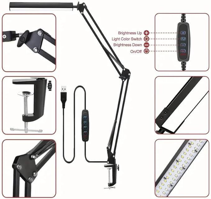 HDView LED Desk Lamp with Eye-Caring 3 Modes 10 Brightness, Adjustable Swing Arm Long Flexible Lamp for Office Workers and Students, USB Port