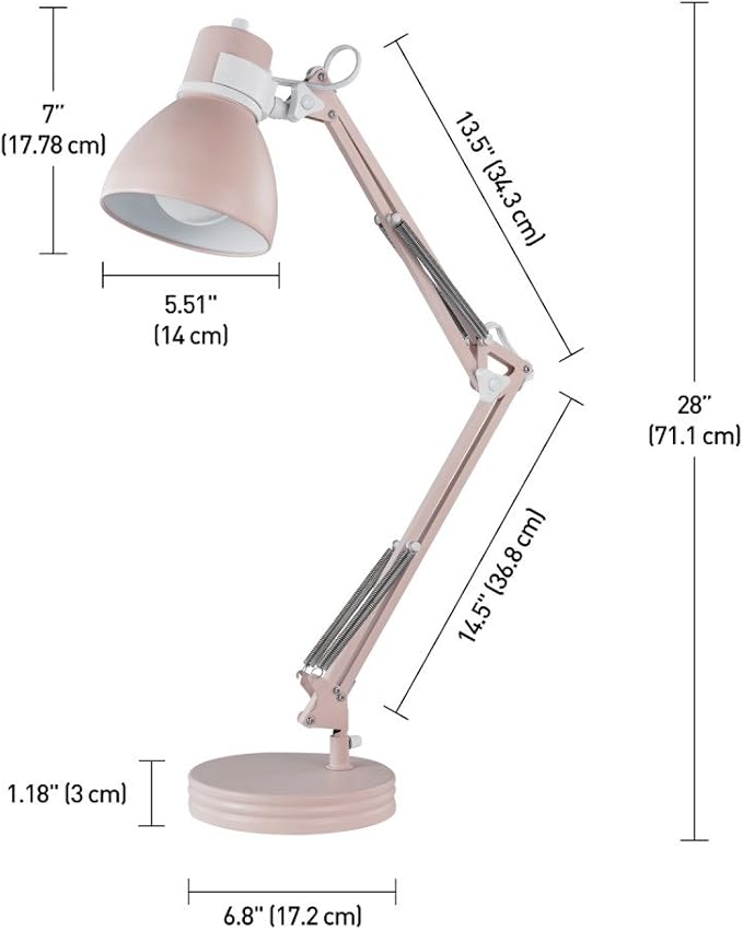 GLOBE Electric 52028 28" Swing Arm Architect Desk Lamp, Matte Rose Finish, White Accents, Rotary Switch on Shade, Partially Adjustable Arm, Modern Lighting for Bedroom or Office, E26 Base