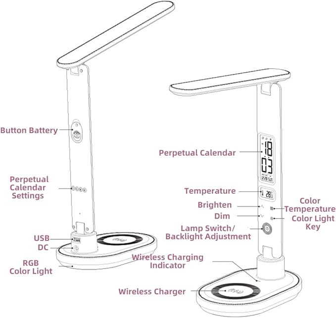 IHAO Luxury Multifunctional LED Desk Lamp10W Qi Wireless Charger Digital Alarm Clock Ambient Light & Temperature Display Adjustable Eye-Care Table Lamp with Leather Texture Design Table Lamp-U20 White