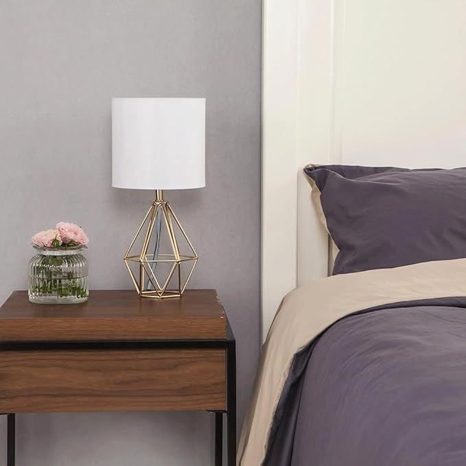 COTULIN Gold Small Table Lamp Set of 2, Modern Bedside Nightstand Lamps with Geometric Metal Base White Fabric Shade, Cute Desk Lamp for Living Room Bedroom