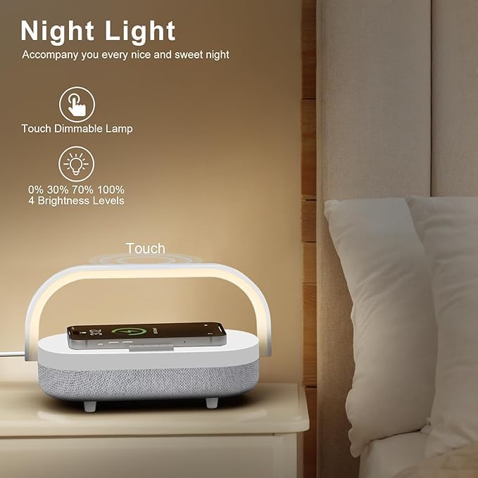 LED Bedside Lamp, Touch Lamps for Bedroom Nightstand MA, 4 in 1 Bedside Table Lamp with Wireless Charger, Portable Bluetooth Speaker, Phone Holder, Dimmable Charging Birthday Gifts for Women (White)