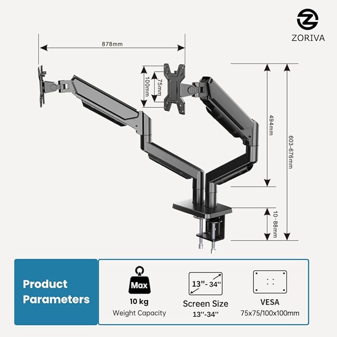 Dual Monitor Arm Full Motion Gas Spring Desk Mount for 13-34" Screens, Space-Saving VESA Stand for Gaming, Work, and Productivity