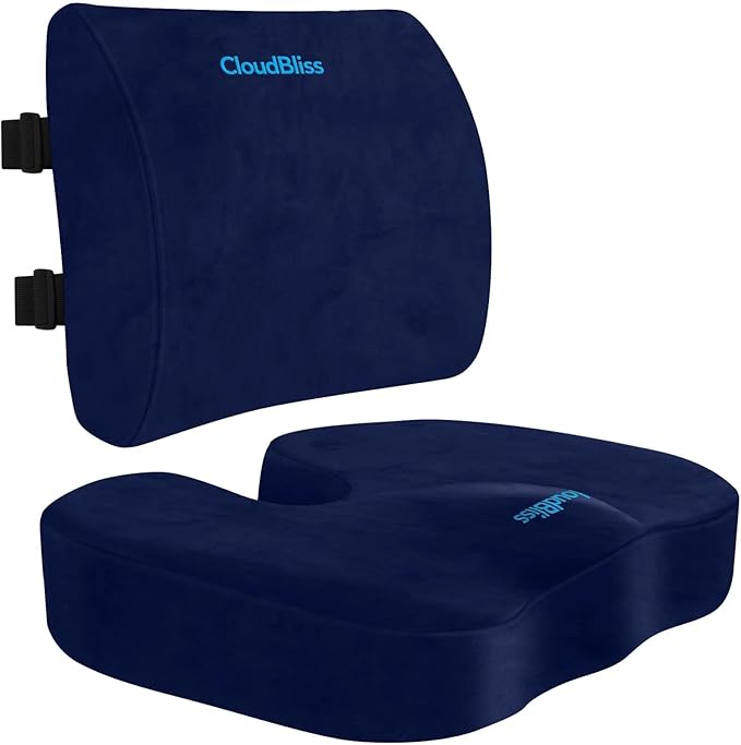 CloudBliss Seat Cushion, Office Chair Cushions, Car Seat Cushion, Lumbar Support Pillow for Office Chair, Back Support Memory Foam Pillow Coccyx Cushion for Ergonomic Sitting Support - Blue
