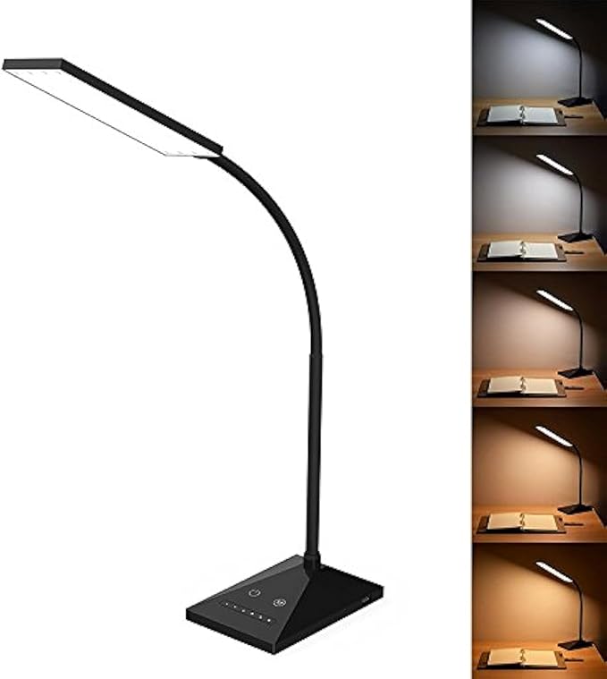 LED Desk Lamp, 5 Color Modes with 7 Levels of Brightness, Eye-Caring Dimmable Table Lamp Office Lamp with USB Charging Port, Touch Control Sensitive Dimmable 12W Black