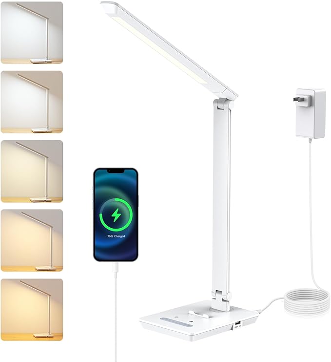 UK Plug Adapter Desk Lamp for 9 Level Brightness Touch Control & 5 Lighting Modes, 14W 900LM Dimmable Eye-Caring Reading LED Desk Light with USB Charging Port, Dimmable Home Office Desk Light