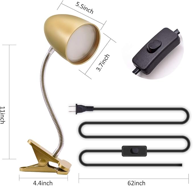 Energetic Lighting Clip on Light for Bed, Non-Dimmable Clip on Reading Light for Bed, 4000K Cool White, 3.5W 240 LM Desk lamp with clamp, Eye Protection, ETL Listed, Gold