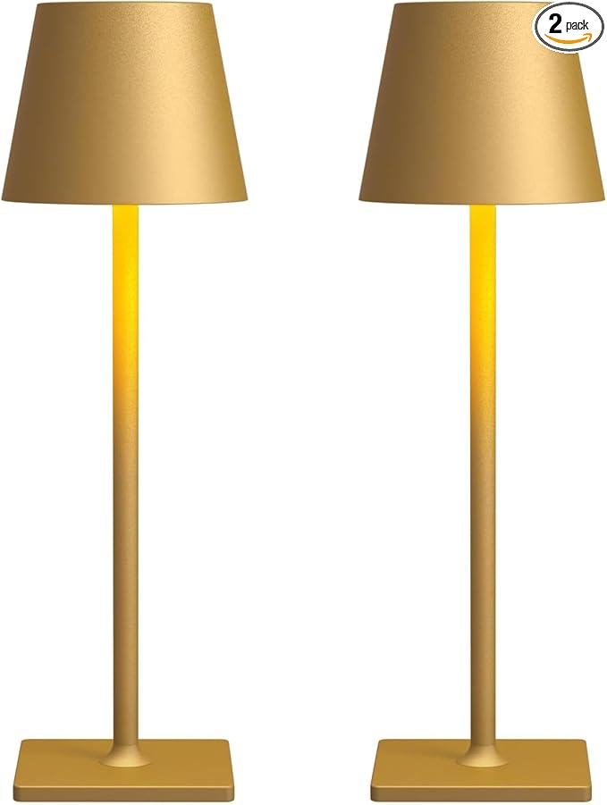 Cordless Table Lamp, 6000mAh Battery Operated, 250LM Adjustable Brightness IP65 Height Adjustable - Set of 2 Gold Wireless Lamps for Restaurant Patio Bedside Outdoor Cafe & Home Decor