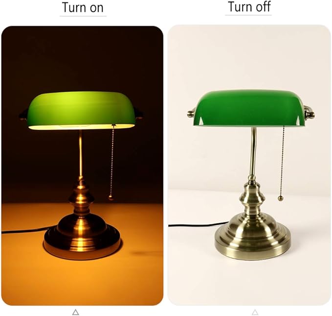 FIRVRE Green Glass Bankers Desk Lamp, Antique Desk Lamps with Brass Base, Traditional Library Lamp with Pull Chain, Vintage Desk Lamp for Office, Study Room (Bulb Included)
