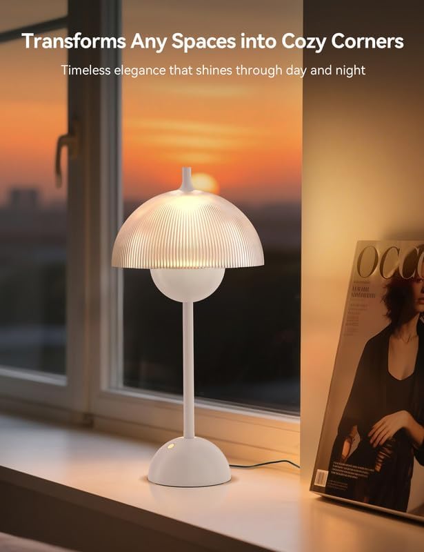 Tubicen Flowerpot Bedside Table Lamp Plug in Decorative Transparent Striped Mushroom Table Lamp Memory Function Modern LED 4-Stage Touch Dimmable Desk Table Lamps for NightStands Bedroom Home Office
