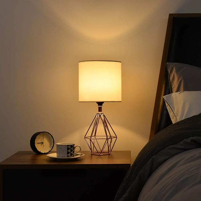 COTULIN Rose Gold Bedside Table Lamp,Modern Small Desk Lamp with TC Fabric Shade Geometric Metal Base for Kids Living Room Bedroom Nightstand
