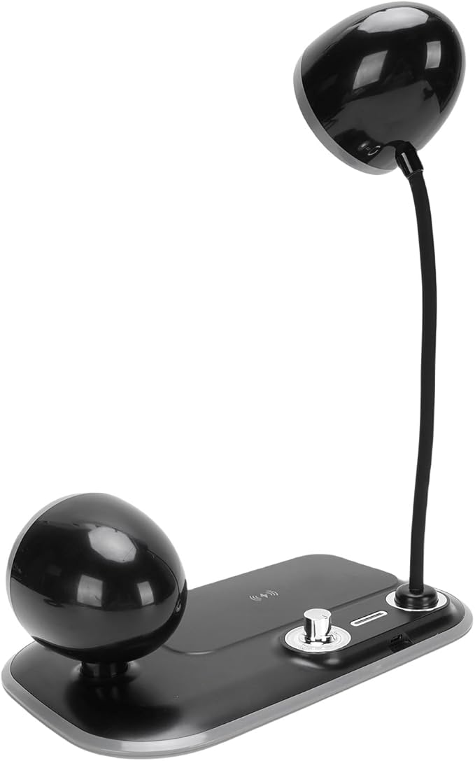 Pomya Black LED Desk Lamp with Wireless Charger | Dimmable White, Light, Eye Caring for Reading, 15W Fast Charging for iOS &, 360° Metal Gooseneck, Compact