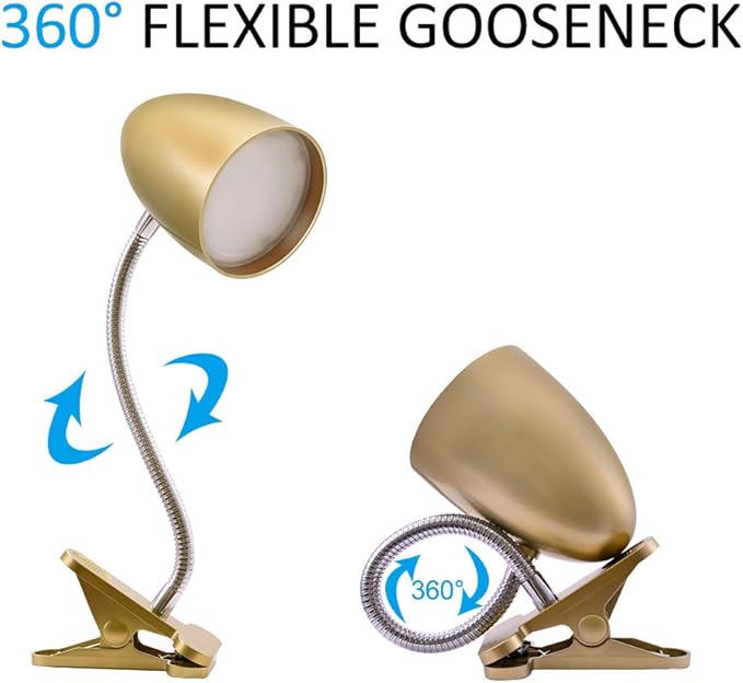Energetic Lighting Clip on Light for Bed, Non-Dimmable Clip on Reading Light for Bed, 4000K Cool White, 3.5W 240 LM Desk lamp with clamp, Eye Protection, ETL Listed, Gold